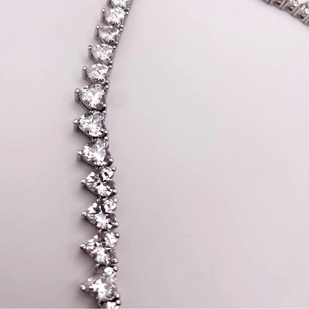 Silver Toned Heart Shaped Cubic Zirconia Tennis Necklace. 22 Inches. - Picture 6 of 13